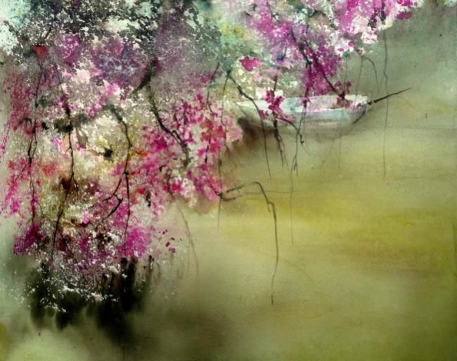 Painting titled "Sakura ( détail)" by Reine-Marie Pinchon, Original Artwork