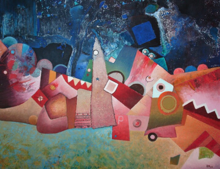 Malerei mit dem Titel "Mit roter Spur" von Reiner Makarowski, Original-Kunstwerk, Öl