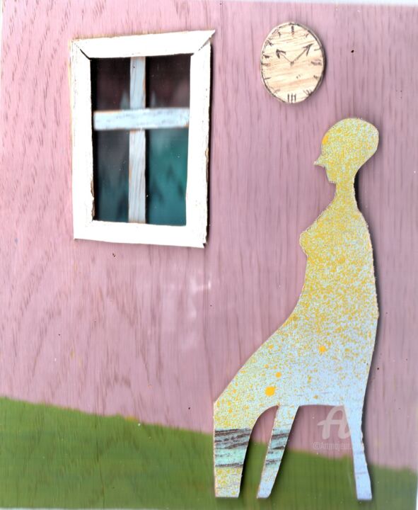 Skulptur mit dem Titel "Alte Frau am Fenster" von Reiner Poser, Original-Kunstwerk, Holz