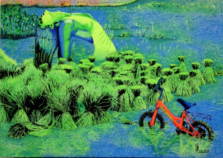 Painting titled "Petit vélo rouge" by Reinhard Häussler, Original Artwork, Acrylic