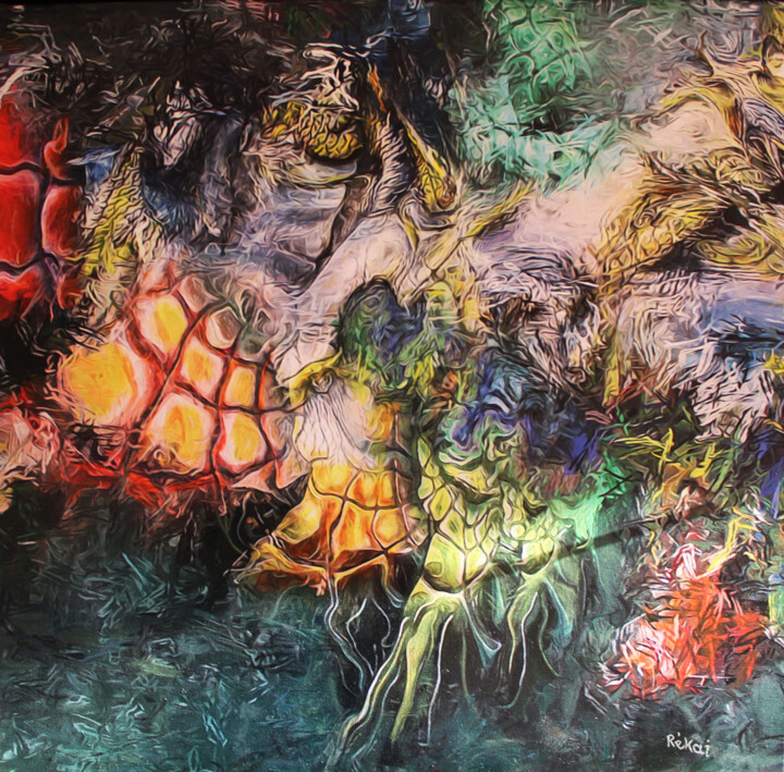 제목이 "Mentális függöny"인 미술작품 Rékai Zsolt로, 원작, 기름 나무 들것 프레임에 장착됨
