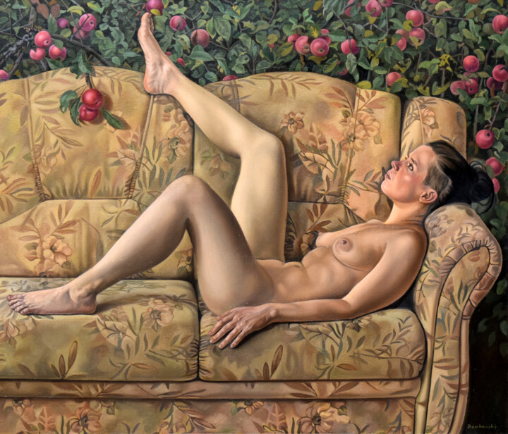 Painting titled "In the Garden of Ed…" by Roman Rembovsky, Original Artwork, Oil Mounted on Wood Stretcher frame