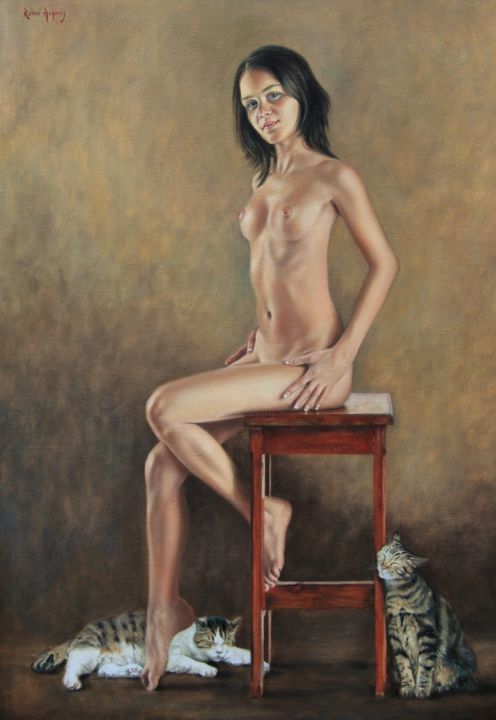 Painting titled "Jeune Fille aux Cha…" by Rémi Acquin, Original Artwork, Oil