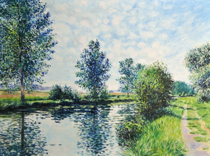 Schilderij getiteld "Le canal de l'Est à…" door Rémi Acquin, Origineel Kunstwerk, Olie