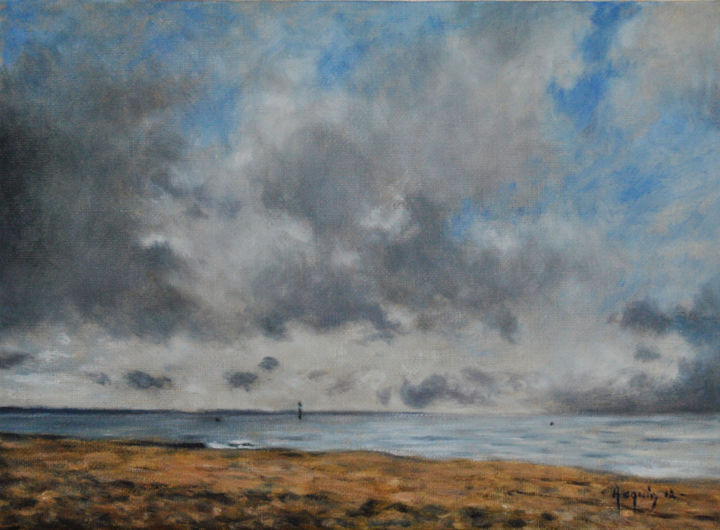 Painting titled "La plage d'Houlgate…" by Rémi Acquin, Original Artwork, Oil