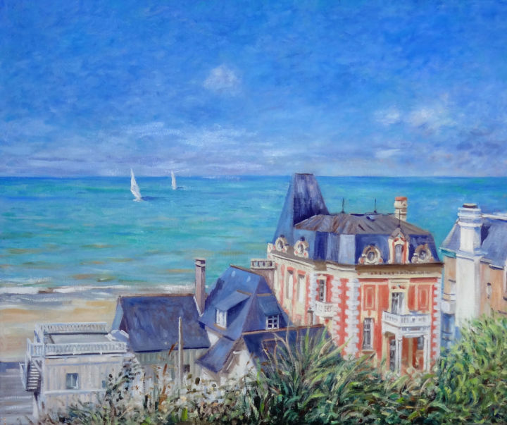 Painting titled "Mer et villas à Tro…" by Rémi Acquin, Original Artwork, Oil