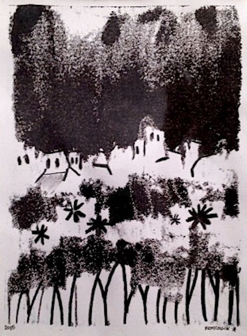 Peinture intitulée "Village derrière un…" par Rémi Collin, Œuvre d'art originale, Gouache