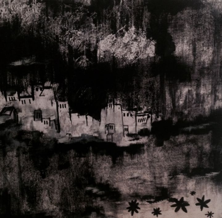 Painting titled "Ville perchée" by Rémi Collin, Original Artwork, Ink