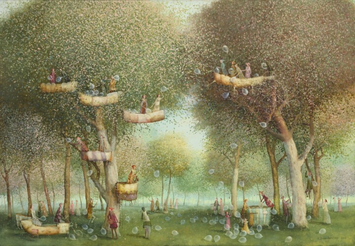 Painting titled "Garden with balloons" by Remigijus Januskevicius, Original Artwork, Oil
