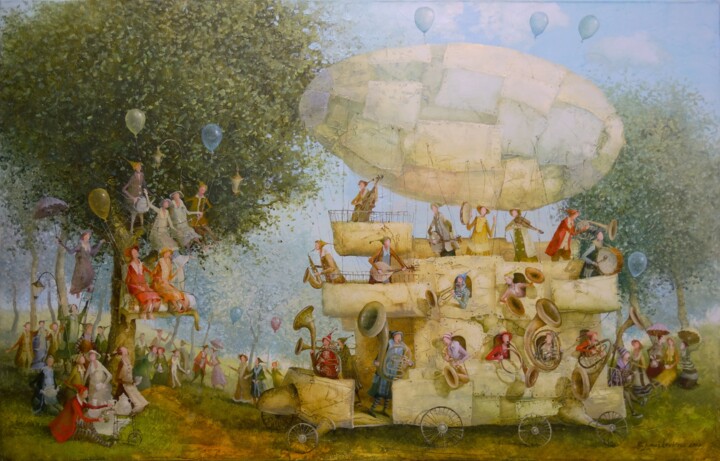 Painting titled "Playing airship" by Remigijus Januskevicius, Original Artwork, Oil