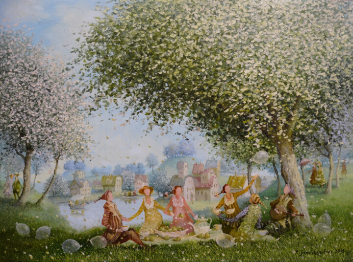 Pintura intitulada "Tea in the garden" por Remigijus Januskevicius, Obras de arte originais, Óleo