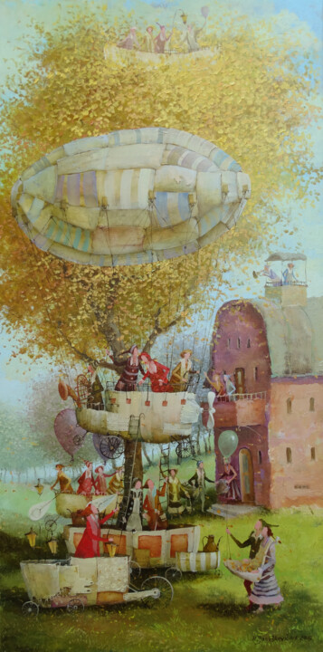 Painting titled "Zeppelin" by Remigijus Januskevicius, Original Artwork, Oil