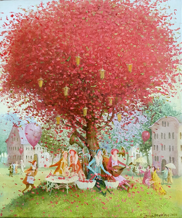 Pintura intitulada "Red tree" por Remigijus Januskevicius, Obras de arte originais, Óleo
