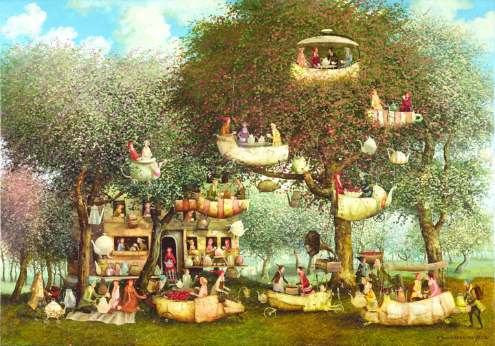 Painting titled "Tea club" by Remigijus Januskevicius, Original Artwork, Oil