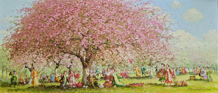 Pintura intitulada "Picnic in the garden" por Remigijus Januskevicius, Obras de arte originais, Óleo Montado em Armação em m…