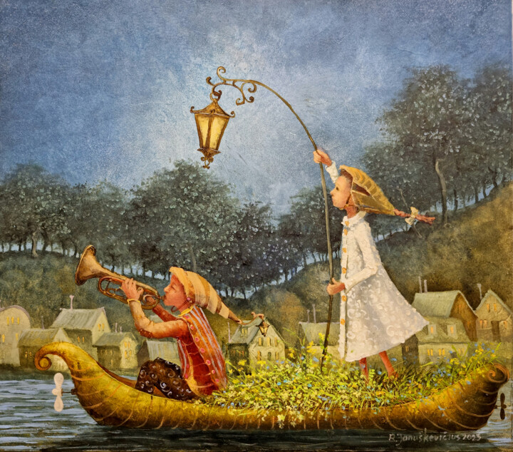 Malerei mit dem Titel "People of the light_" von Remigijus Januskevicius, Original-Kunstwerk, Öl Auf Keilrahmen aus Holz mon…