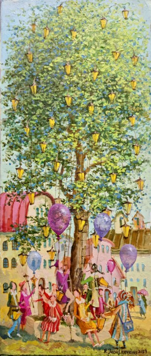 Painting titled ""Lantern tree"" by Remigijus Januskevicius, Original Artwork, Oil Mounted on Wood Stretcher frame