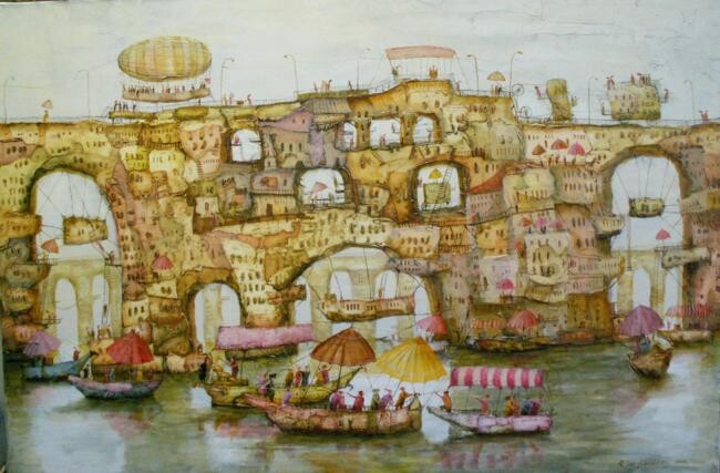 Schilderij getiteld "Bridge - Town" door Remigijus Januskevicius, Origineel Kunstwerk, Olie