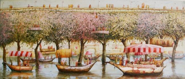 Painting titled "Growing bridge" by Remigijus Januskevicius, Original Artwork, Oil