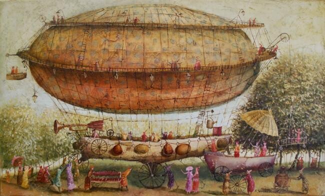 Painting titled "Zeppelin Tours" by Remigijus Januskevicius, Original Artwork, Oil