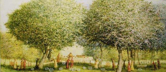 Ζωγραφική με τίτλο "Garden with the whi…" από Remigijus Januskevicius, Αυθεντικά έργα τέχνης, Λάδι