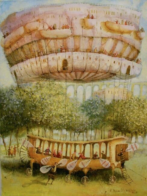 Painting titled "balloonists" by Remigijus Januskevicius, Original Artwork, Oil