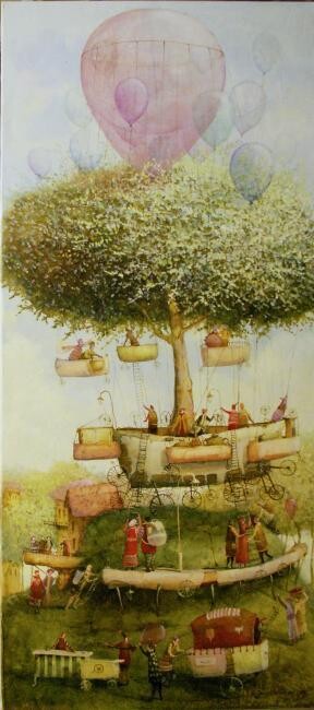 Painting titled "tree fligt" by Remigijus Januskevicius, Original Artwork, Oil