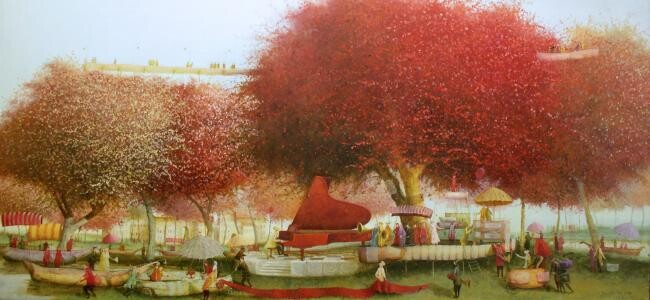 Painting titled "red carpet" by Remigijus Januskevicius, Original Artwork, Oil