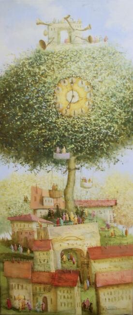 Painting titled "tree-clock" by Remigijus Januskevicius, Original Artwork, Oil