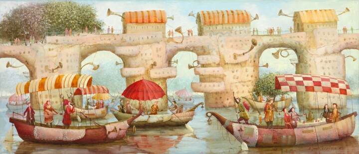 Ζωγραφική με τίτλο "playing bridge" από Remigijus Januskevicius, Αυθεντικά έργα τέχνης, Λάδι