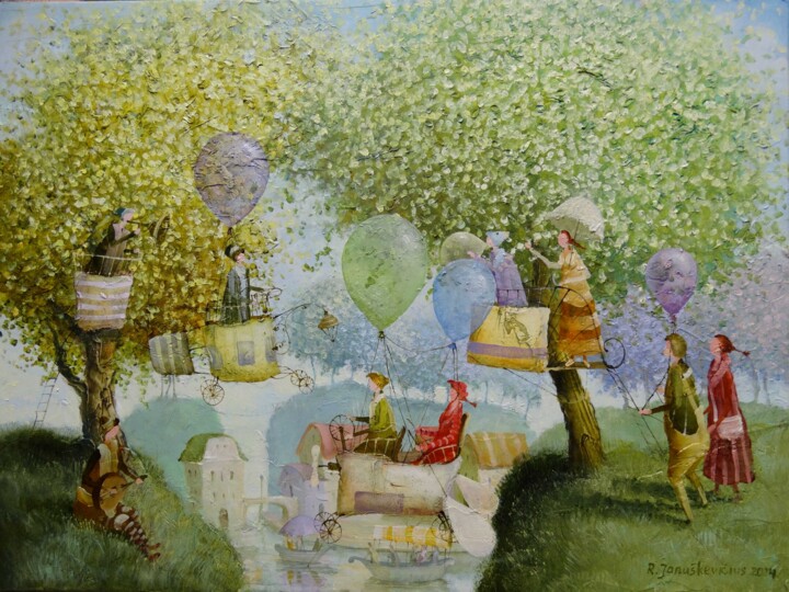 Painting titled "Balloonists" by Remigijus Januskevicius, Original Artwork, Oil