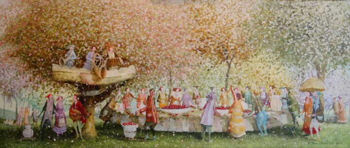 Peinture intitulée "Garden picnic" par Remigijus Januskevicius, Œuvre d'art originale, Huile