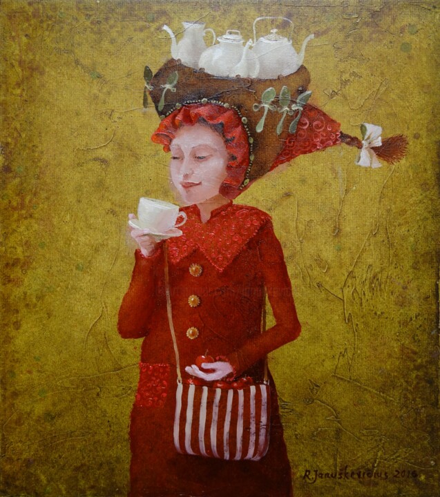 Painting titled "Tea girl" by Remigijus Januskevicius, Original Artwork, Oil