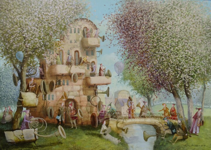Pittura intitolato "The house of musici…" da Remigijus Januskevicius, Opera d'arte originale, Olio
