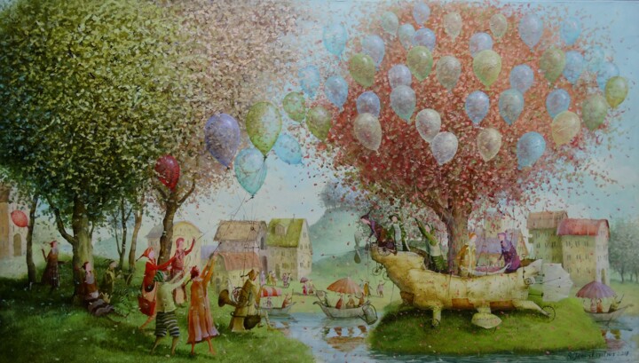 Peinture intitulée "Traveling gardeners" par Remigijus Januskevicius, Œuvre d'art originale, Huile