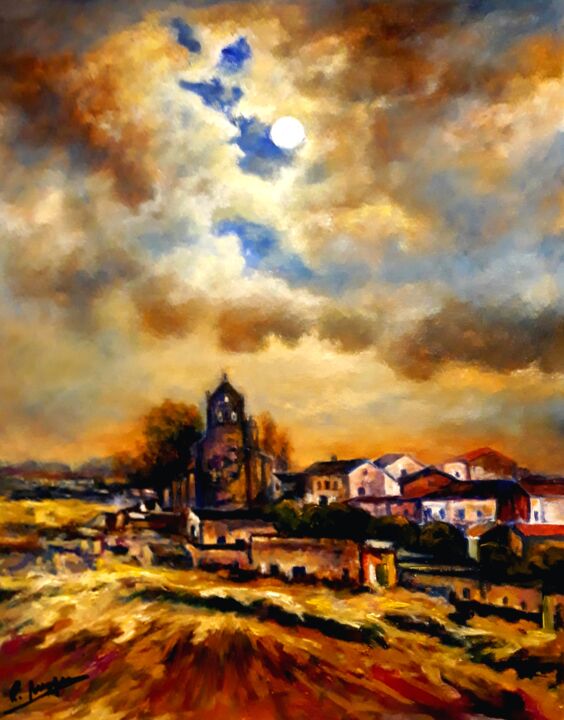 Painting titled "Luna llena en Tébar." by Remigio Megías García, Original Artwork, Oil