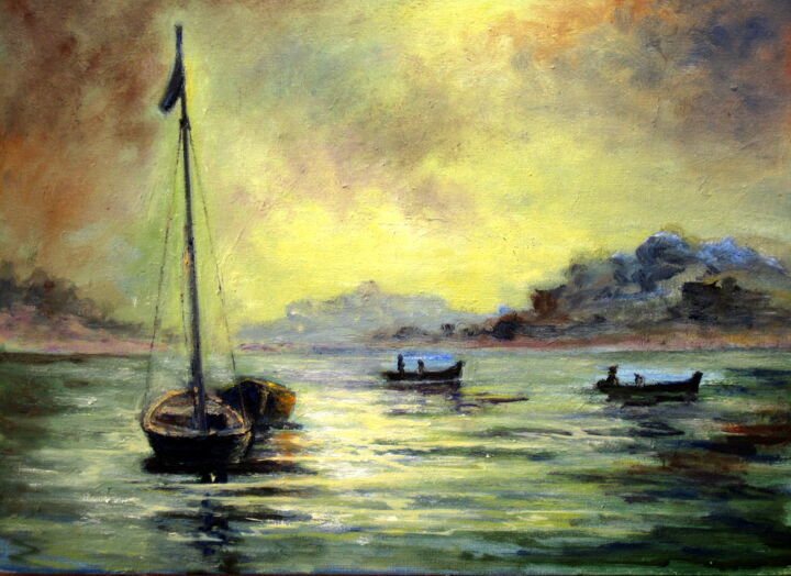 Pintura titulada "Marina y pescadores" por Remigio Megías García, Obra de arte original, Oleo