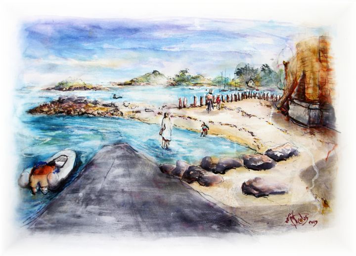 Pintura titulada "Carantec, marée sur…" por Rémy Nicolas Graphite, Obra de arte original, Acrílico Montado en Bastidor de ca…
