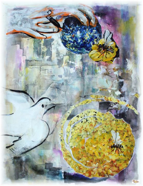 Collages intitulée "planète fleur acryl…" par Rémy Nicolas Graphite, Œuvre d'art originale, Découpages