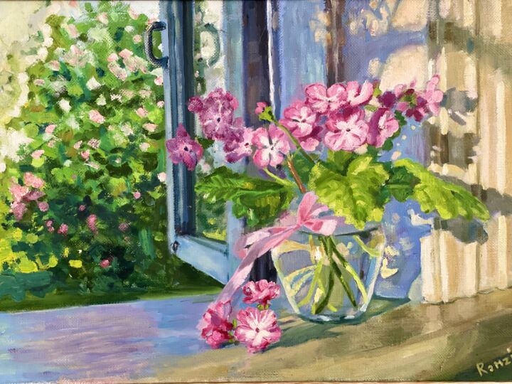 Painting titled "цветы на подоконнике" by Remzi Kerimli, Original Artwork, Oil