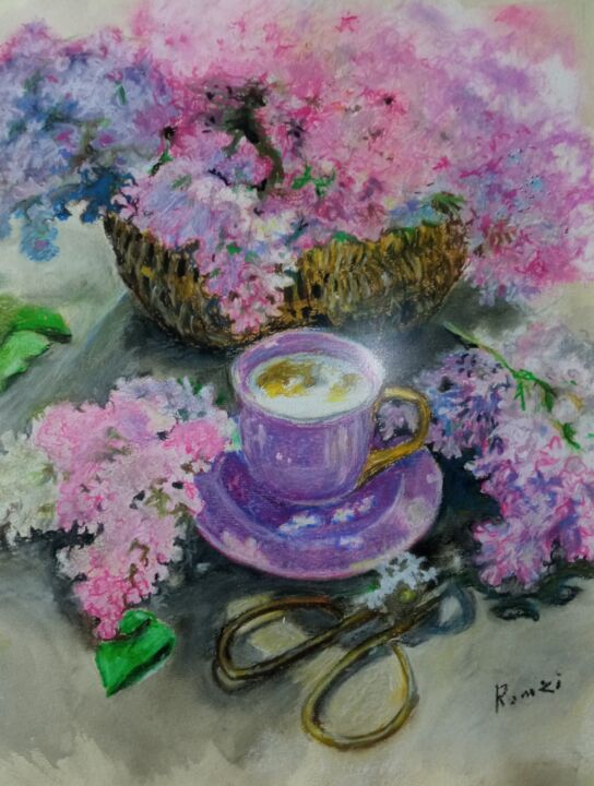 Painting titled "натюрморт сирень" by Remzi Kerimli, Original Artwork, Pastel