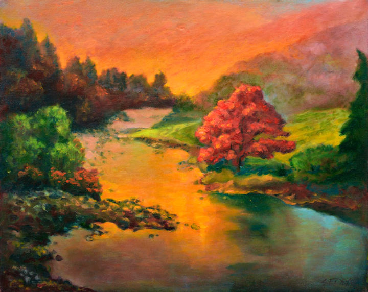 Peinture intitulée "Maple Tree in Sunse…" par Art -Lsedra, Œuvre d'art originale, Huile
