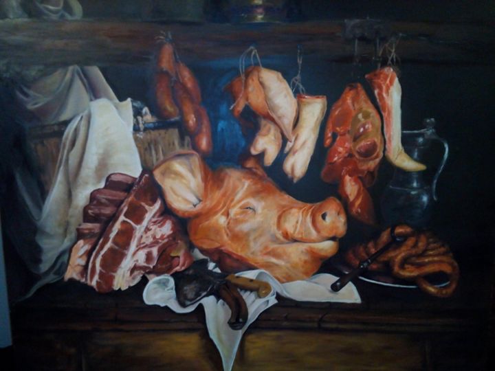 Peinture intitulée "L'atelier du boucher" par Renan Milliner, Œuvre d'art originale, Huile