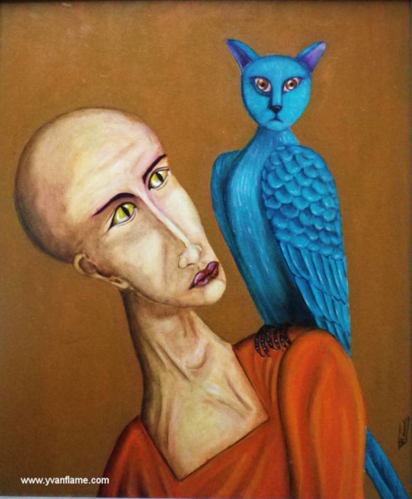 Painting titled "L'oiseau Bleu" by Yvan Flame, Original Artwork, Oil Mounted on Wood Stretcher frame