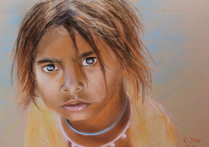 Dibujo titulada "Indian child" por Renate Dohr, Obra de arte original, Pastel