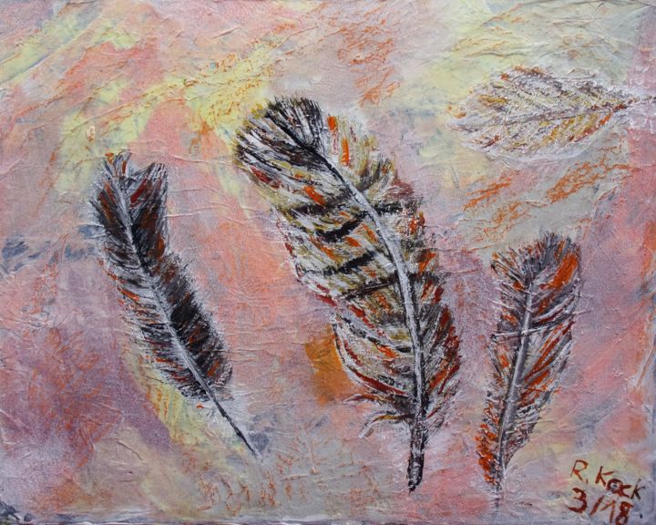 Malerei mit dem Titel "Collect three feath…" von Renate Kock, Original-Kunstwerk, Acryl