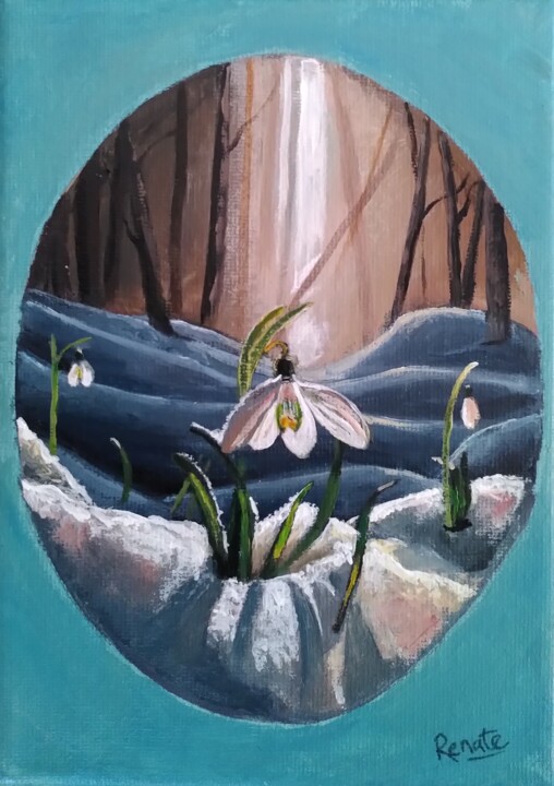 Painting titled "Sneeuwklokje in de…" by Renate Scheinhardt, Original Artwork, Acrylic Mounted on Wood Stretcher frame