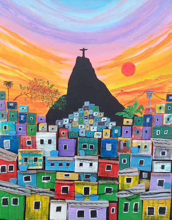 Peinture intitulée "Favela  sunrise 02-…" par Renato Jesus, Œuvre d'art originale, Acrylique Monté sur Châssis en bois