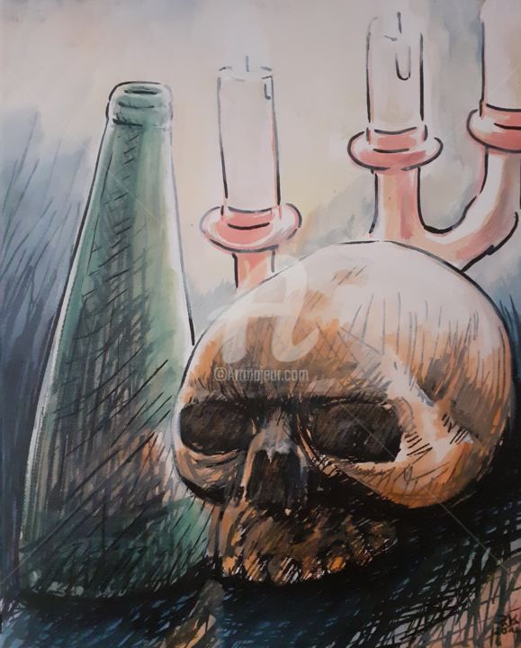 Peinture intitulée "Vanité, crâne et bo…" par Renaud Klumpp, Œuvre d'art originale, Marqueur