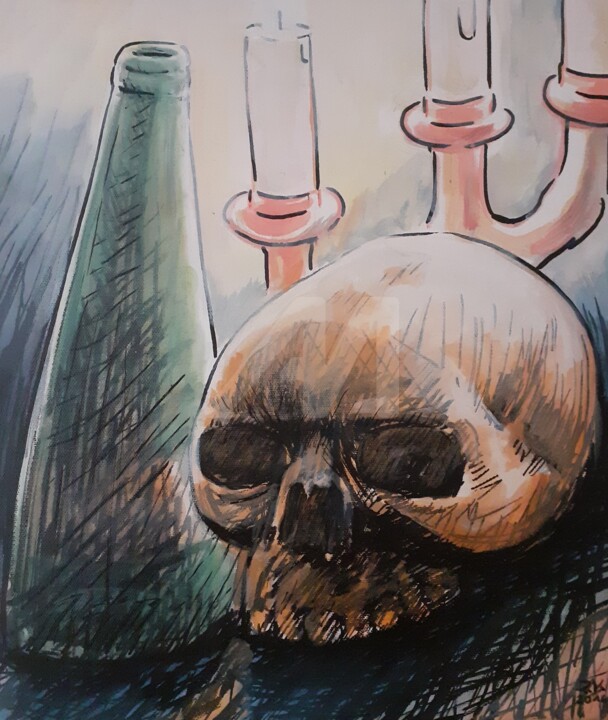 Painting titled "Vanité, crâne et bo…" by Renaud Klumpp, Original Art, Marker